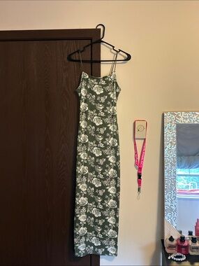 Olive Green Floral Slip Midi Dress with Spaghetti Straps